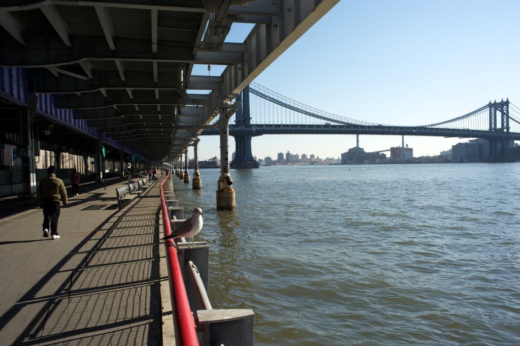 Paseo peatonal debajo de autopista urbana entre los puentes de Brooklyn y de Manhattan